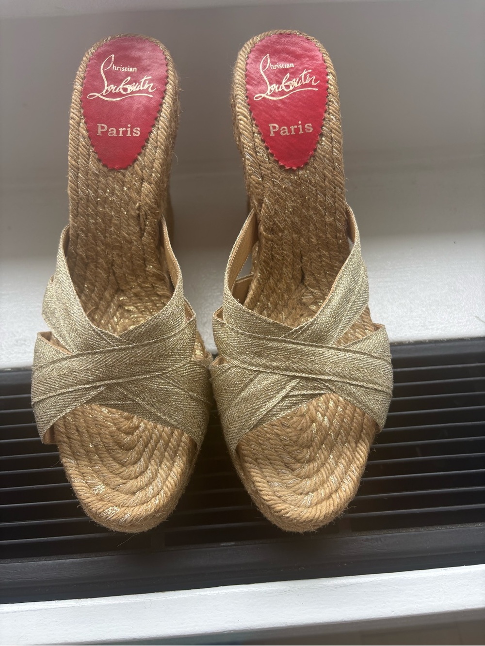 Iconic Christian Louboutin Gold Espadrille Wedge Sandals